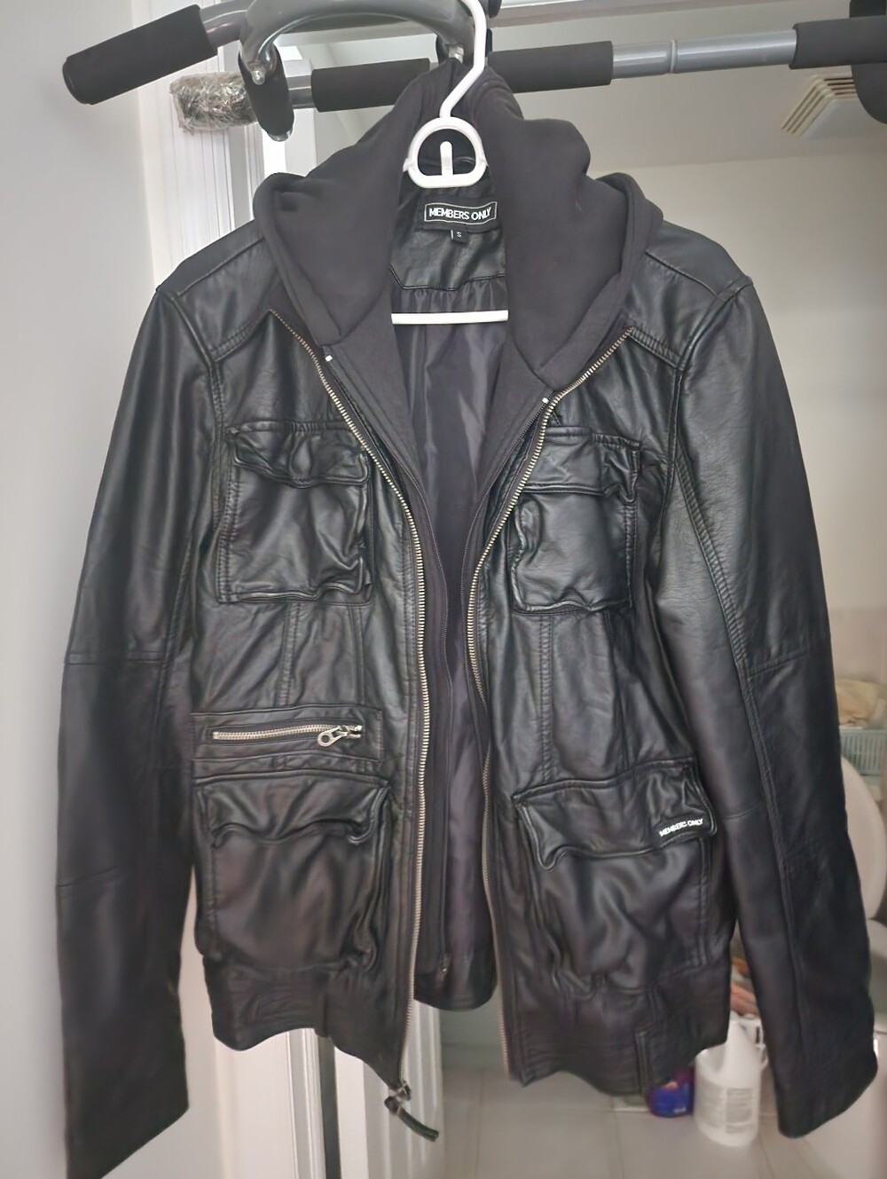 Members Only Black Leather Military-Style Jacket. Never Worn.